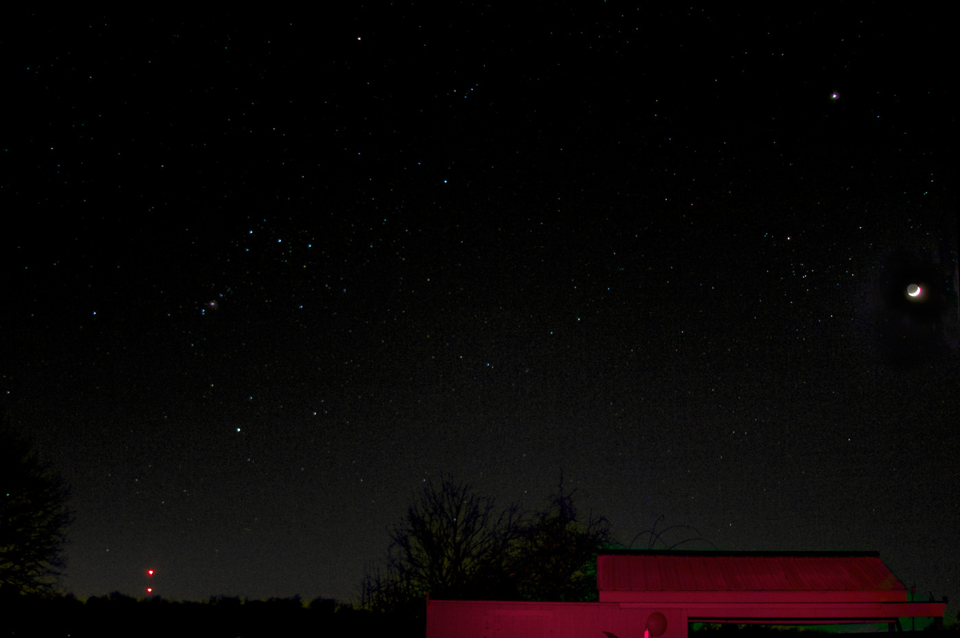 The Hut in a lovely twilight. Canon 60Da, 38mm; 4 seconds and 1/60 sec exposures combined in Photoshop. Our local ugly green gradient was cheerfully removed with the Astronomy Tools Soft Gradient removal action.