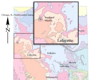 Strata in the impact area are not well-behaved, and require explanation. Graphic adapted from Indiana Geological Survey. Click for larger.