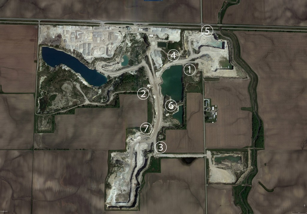 Overview of quarry from Google Earth. Numbers refer to approximate locations of pictures. Click for larger.