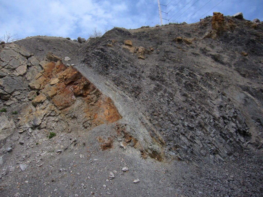 Maquoketa shale, Marine Flooding Layer, and Galena carbonates. Looking west. Click for larger.
