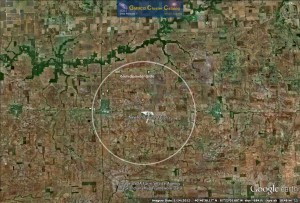 Google Earth view of Kentland site from 18-odd miles. 6 km circle represents plausible crater diameter. Click for larger size.