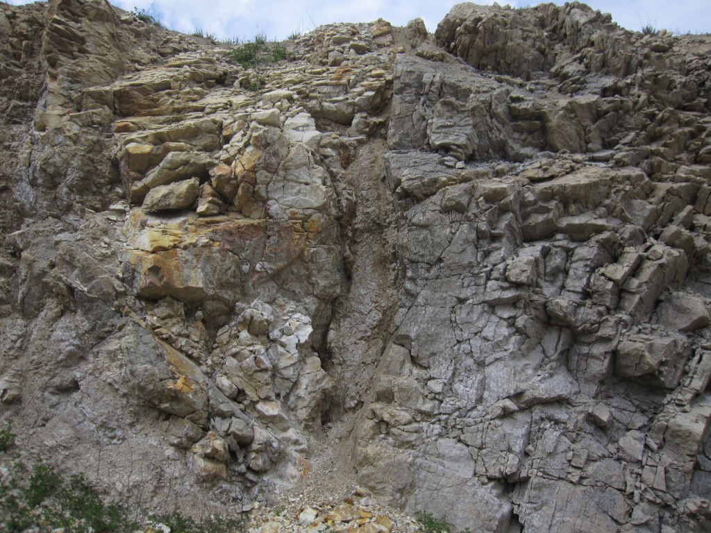 Shakopee dolomite with breccia dike. Looking east. Click for larger.