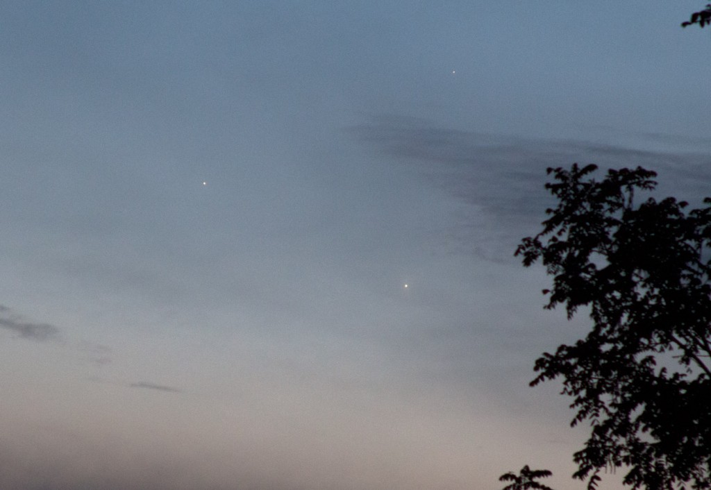 Venus, Jupiter and Mercury form a nice triangle May 26.  Canon 60Da 135mm lens, 1/60 at 5.6.