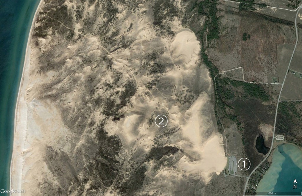 A Google Earth view of the area. 1 is the parking area, 2 is an area of outcrops.